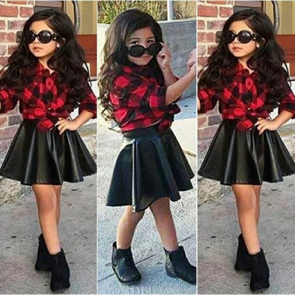 Girls Plaid Cotton Shirt Pleated Leather Skirt Set